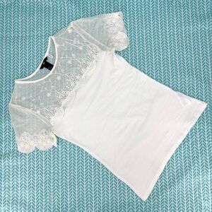 H&M White Short Sleeve Shirt with Transparent Lace Shoulders and Sleeves, Small